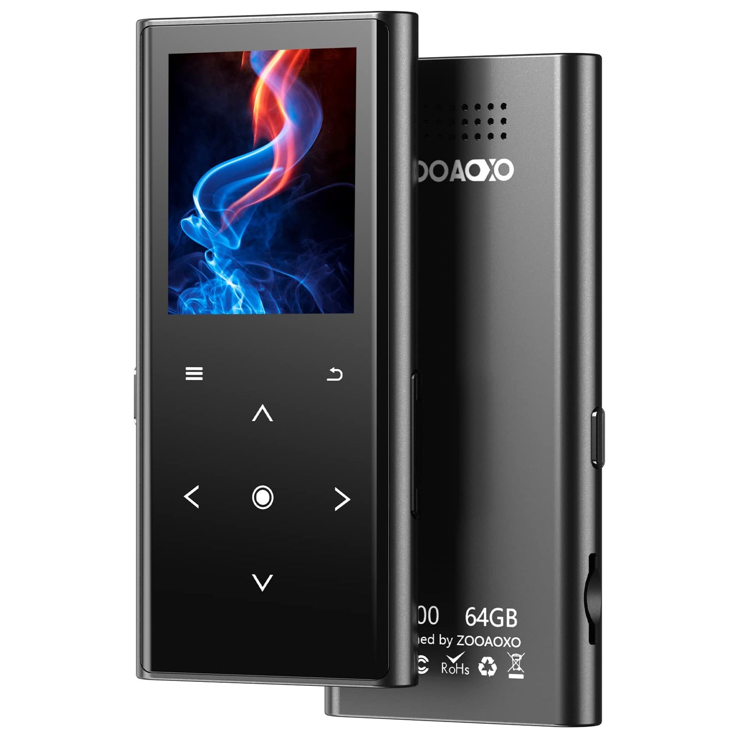 64GB MP3 player, ZOOAOXO with Bluetooth 5.2, built-in HD speaker, FM radio, voice recorder, mini design, 70g weight, HiFi sound, perfect for sports, headphones included.