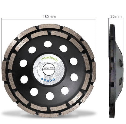 2x Professional Diamond Grinding Cup 180mm black for concrete, stone, tile adhesive, and more. - Concrete Grinding Disc 180x22.23mm for angle grinder | rendech®