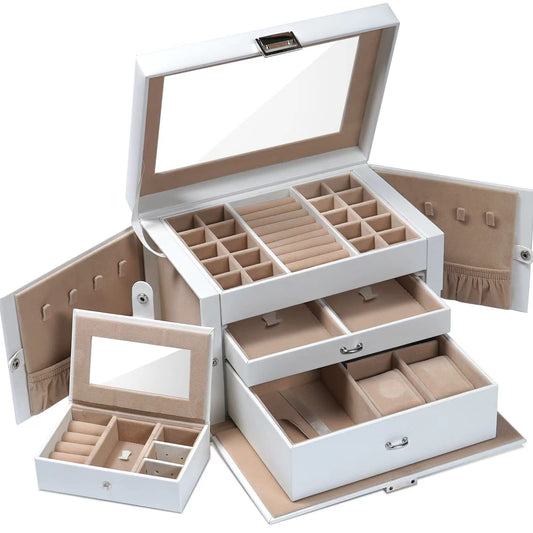 Three Croissants Jewelry Box, with transparent lid, jewelry box with 3 levels, jewelry organizer with 2 drawers, featuring a portable mini box for travel, storage, gift idea, white.