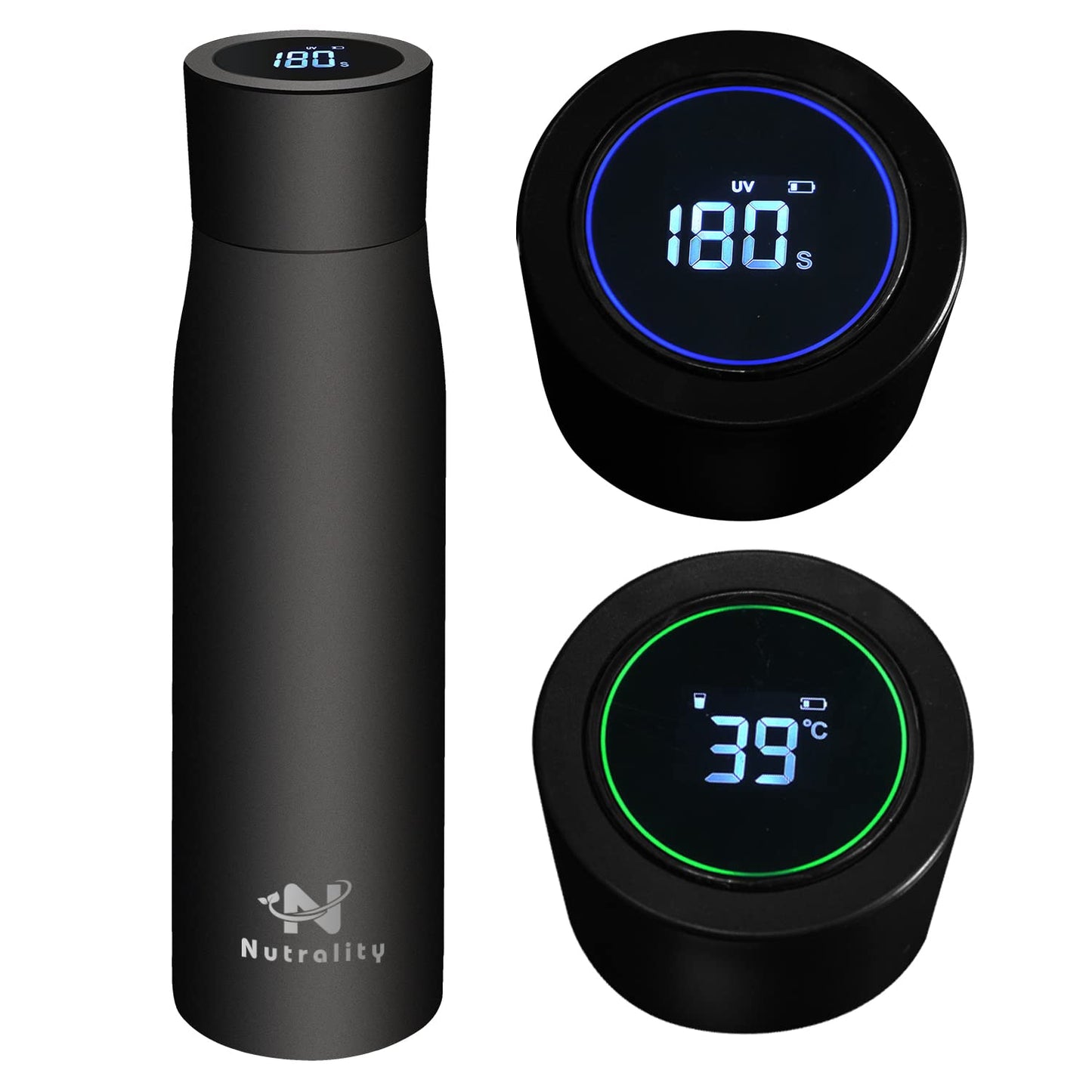 Nutrality UV-filtered 500ml water bottle - Stainless steel self-cleaning water purifier with LED temperature display lid & drink reminder function - Camping, hiking, traveling, sports (black)