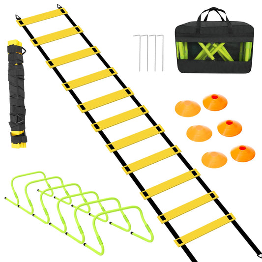 Vigevee Speed & Agility Training Set includes 1 Agility ladder, 6 adjustable hurdles, 12 cones, storage bag. Essential training equipment for all sports.