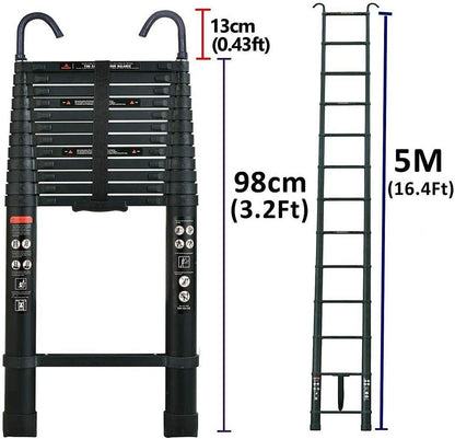 5m/16.5ft telescopic folding ladders made of aluminum EN131 certified. Multipurpose step ladder telescopic extension ladder portable aluminum ladder Max. load 150kg/330lb with removable hook.