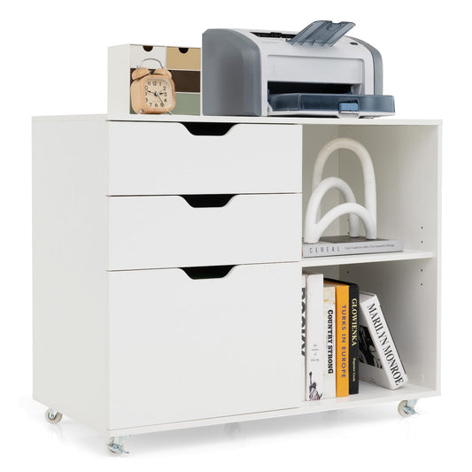 GOPLUS Roll container, mobile filing cabinet with 5 wheels, 3 drawers and 2 open compartments, office cabinet printer stand for documents in A4, letter & legal format (white)