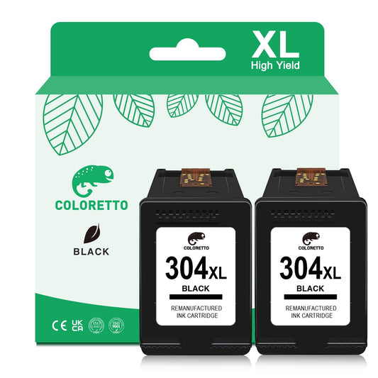 COLORETTO printer cartridge 304XL for HP Deskjet 3700 cartridges for HP 2620 2621 3750 Envy 5010 5020 5030 AMP 100 120 125 130 Reconditioned cartridge for HP 304XL (2 black)