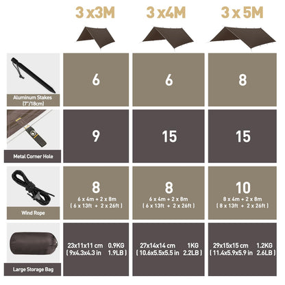 VOSOIR Tarp 3x5M Waterproof, Ultralight Camping Tent Tarp with 15 Grommets+8 Aluminum Stakes+10 Nylon Ropes, Anti-UV Snow Rain Protection, Lightweight Compact, for Hammock Camping Picnic (Dark Brown)