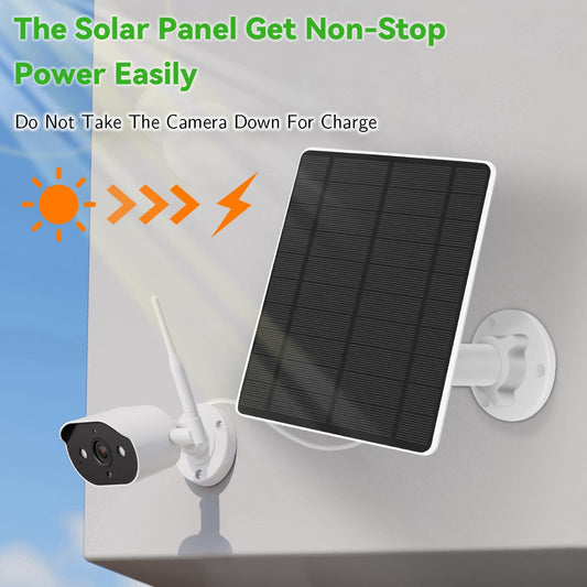 Eufy Security Solar Panel (5W) is compatible with EufyCam. It has a 5V solar panel with a USB-C connector, a micro USB adapter, and is IP65 weatherproof for outdoor surveillance and camera charging.