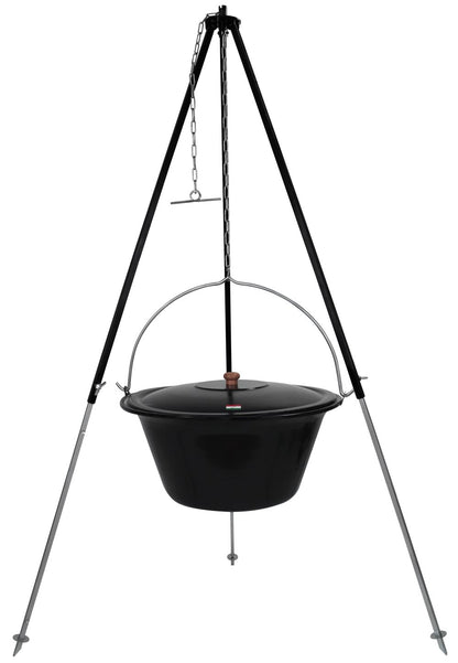GRILLPLANET® Hungarian tripod 1.80m and original 30 L goulash kettle with lid/goulash pot kettle enameled for open fire