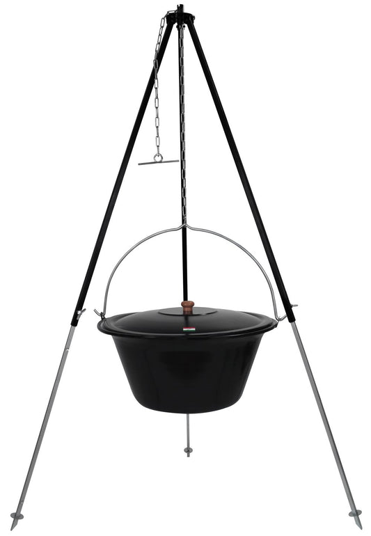 GRILLPLANET® Hungarian tripod 1.80m and original 30 L goulash kettle with lid/goulash pot kettle enameled for open fire