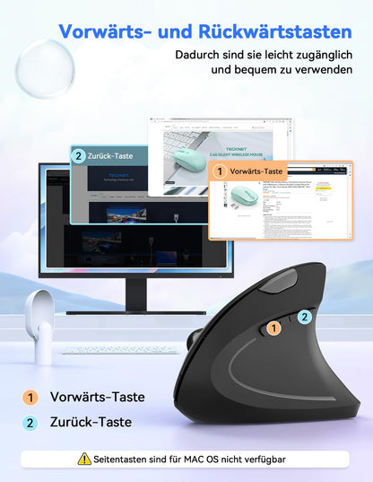 TECKNET Wireless Vertical Ergonomic Mouse, 4800 DPI 5 Button Wireless Optical Mouse, 2.4G USB Vertical Ergonomic Optical Mouse Wireless for Windows and Mac OS