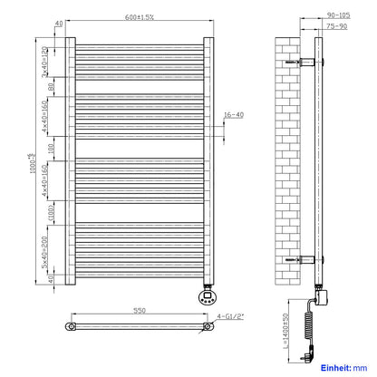 Heilmetz electric towel radiator 100x60cm with digital thermostat and timer function. Straight towel warmer in white, 500W.