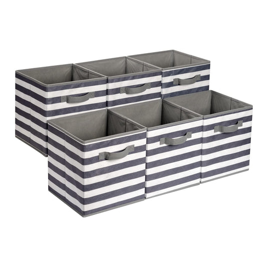 AmazonBasics Foldable Storage Cube/Organizer made of fabric with handles, 33 cm x 33 cm x 33 cm, White/Grey Striped, 6 pack