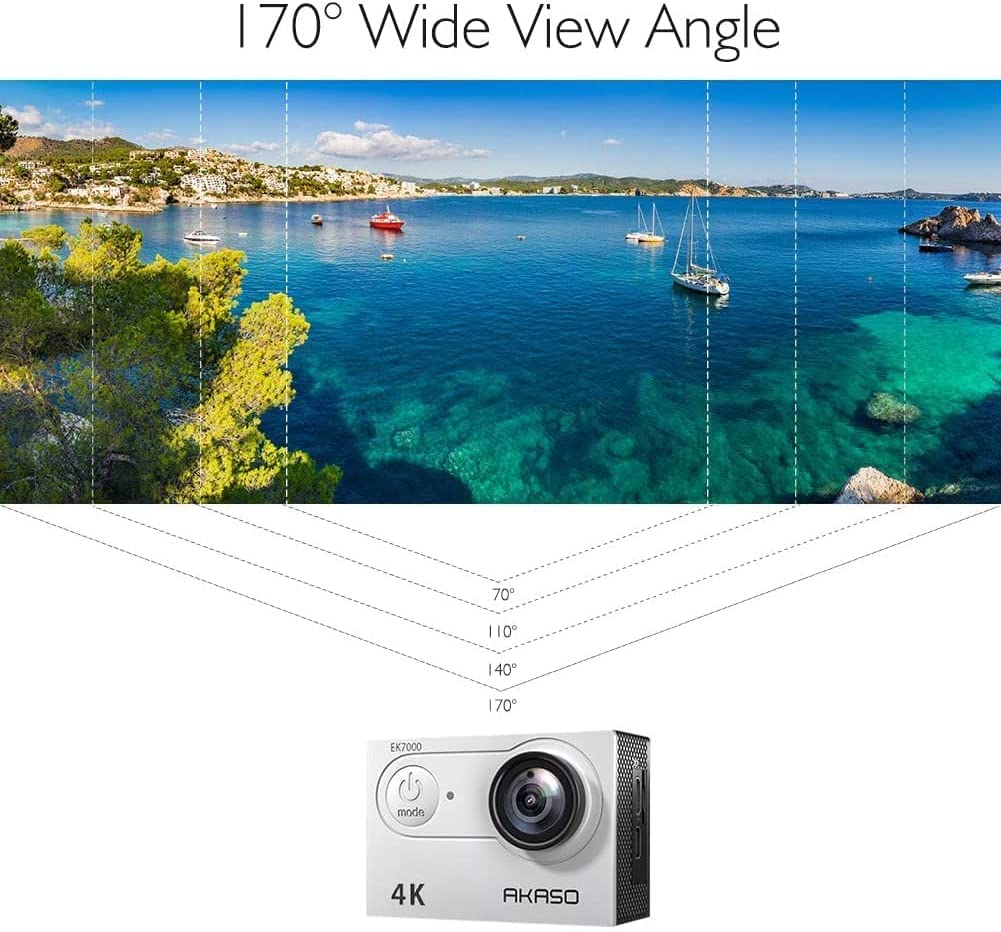 AKASO Action Cam EK7000 4K30FPS Action Camera 170° Wide Angle HD Underwater Camera 20MP WiFi Waterproof Sports Camera 2 Inch LCD Screen with 2 Batteries (Silver)