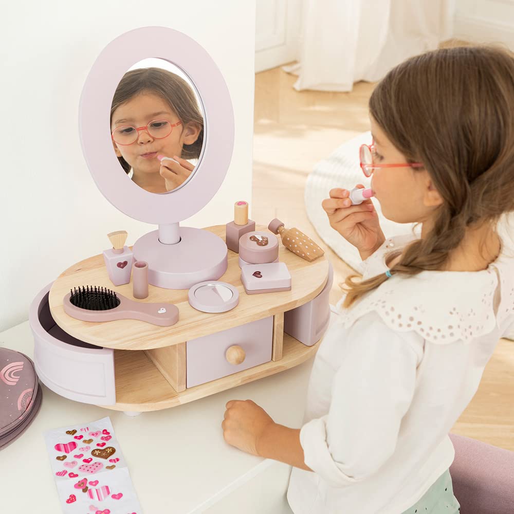 howa children's wooden dressing table with 8-piece accessories and heart stickers 50012
