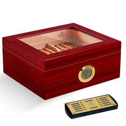 Slege Cigars Humidor, Spanish Cedar Humidor Cigars, Cigar Cabinet with Digital Hygrometer, INOX Humidifier, Divider, Cigar Box Cigar Accessories, Men's Gift, 30-50 Cigars (Cherry Red)