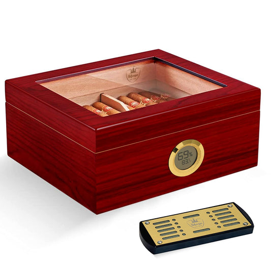 Slege Cigars Humidor, Spanish Cedar Humidor Cigars, Cigar Cabinet with Digital Hygrometer, INOX Humidifier, Divider, Cigar Box Cigar Accessories, Men's Gift, 30-50 Cigars (Cherry Red)