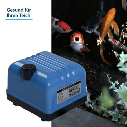 AquaForte Hi-Flow V-20 aluminum casing air pump, 15 watts, 3 liters per minute, max pond capacity 12 m3, DC powered.