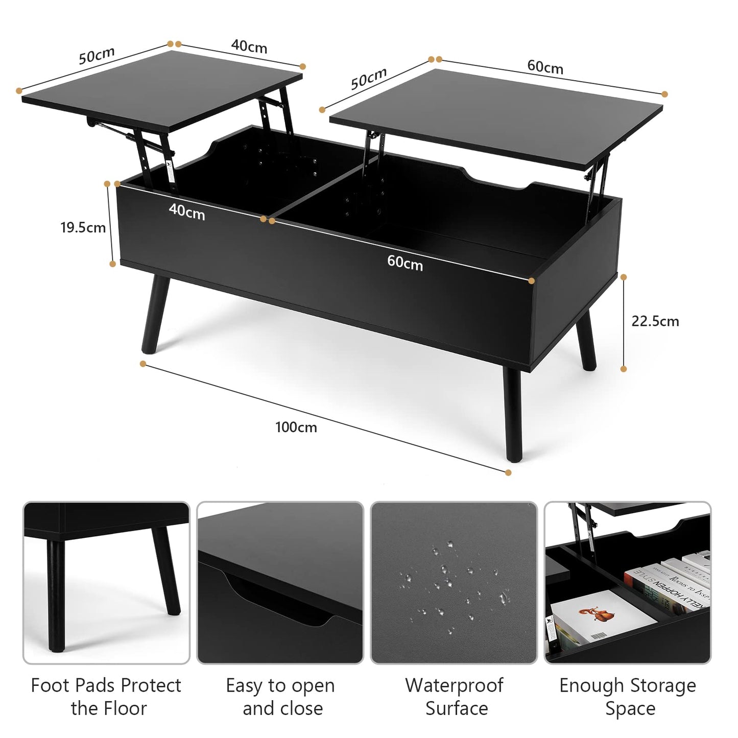 VOWNER Coffee Table, Adjustable Height Coffee Table, Extendable, Retractable Coffee Table, Separate Hidden Storage Compartment, Double Lift Top, Living Room Table, Black