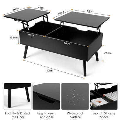 VOWNER Coffee Table, Adjustable Height Coffee Table, Extendable, Retractable Coffee Table, Separate Hidden Storage Compartment, Double Lift Top, Living Room Table, Black