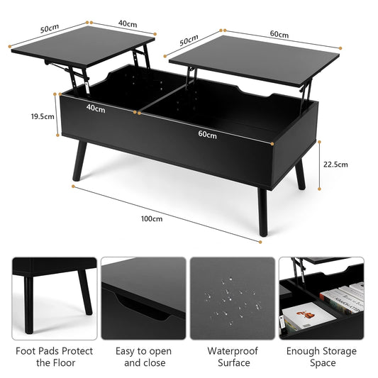 VOWNER Coffee Table, Adjustable Height Coffee Table, Extendable, Retractable Coffee Table, Separate Hidden Storage Compartment, Double Lift Top, Living Room Table, Black