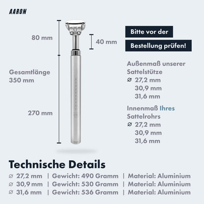 AARON Spring suspension seatpost with 30.9mm diameter | Sprung aluminum seatpost with 350mm length | Suspended bike seatpost for E-bikes, MTBs, trekking city bikes, and more. Silver