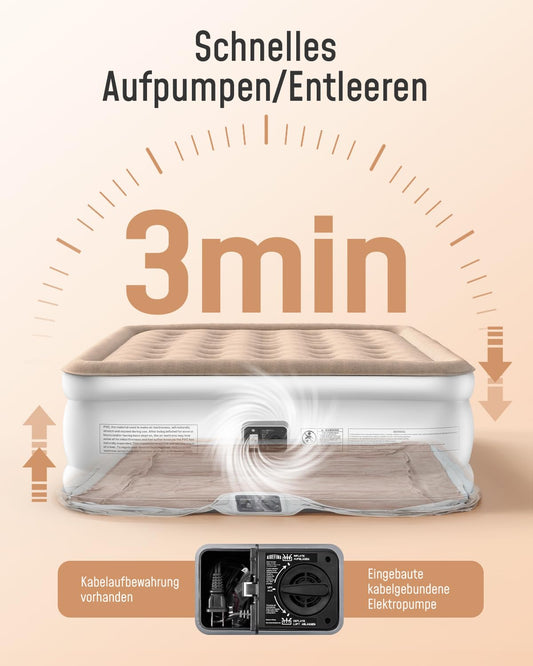 Airefina self-inflating air mattress with integrated pump, premium guest bed, fast inflation in 3 minutes, inflatable mattress for camping home use - 203 x 152 x 40 cm.