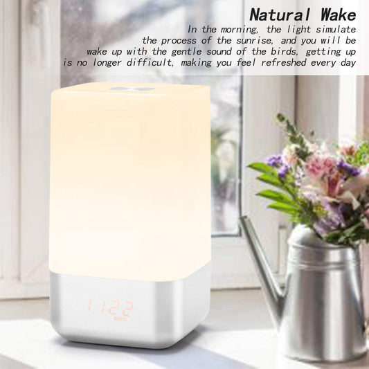 Wake-up light alarm clock, Finether Sunrise alarm clock with 5 nature sounds, USB rechargeable night light touch control lamp.