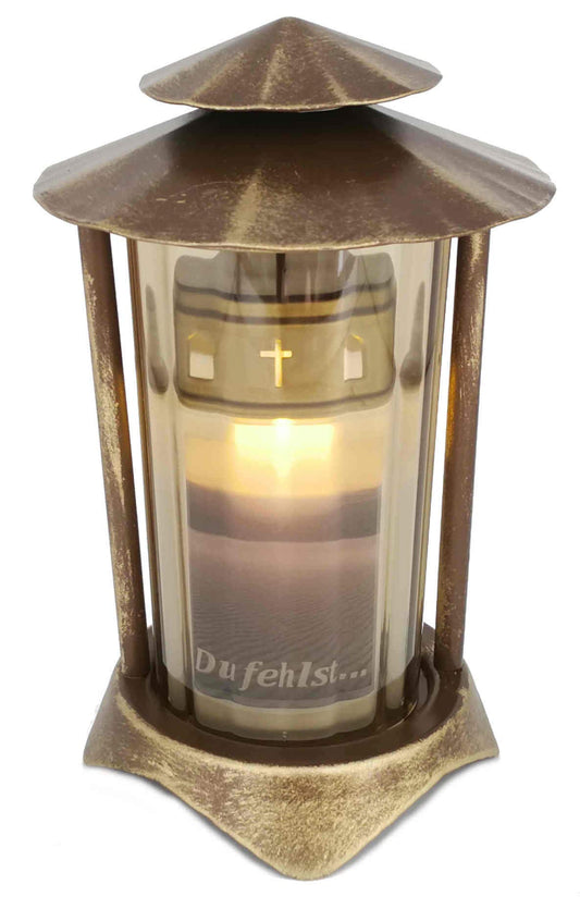 Grave lantern, metal grave light including LED candle 21 cm (lantern: bronze - glass: bronze)