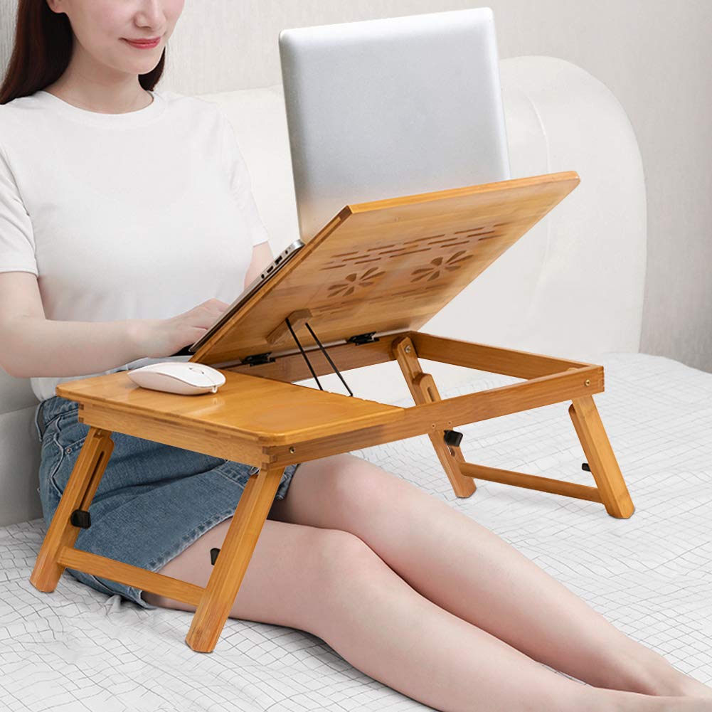 Ejoyous folding bamboo bed table, adjustable 5 tilt angles laptop table notebook table lapdesks with drawer and ventilation slots for school bedroom or office.