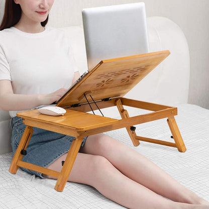 Ejoyous folding bamboo bed table, adjustable 5 tilt angles laptop table notebook table lapdesks with drawer and ventilation slots for school bedroom or office.