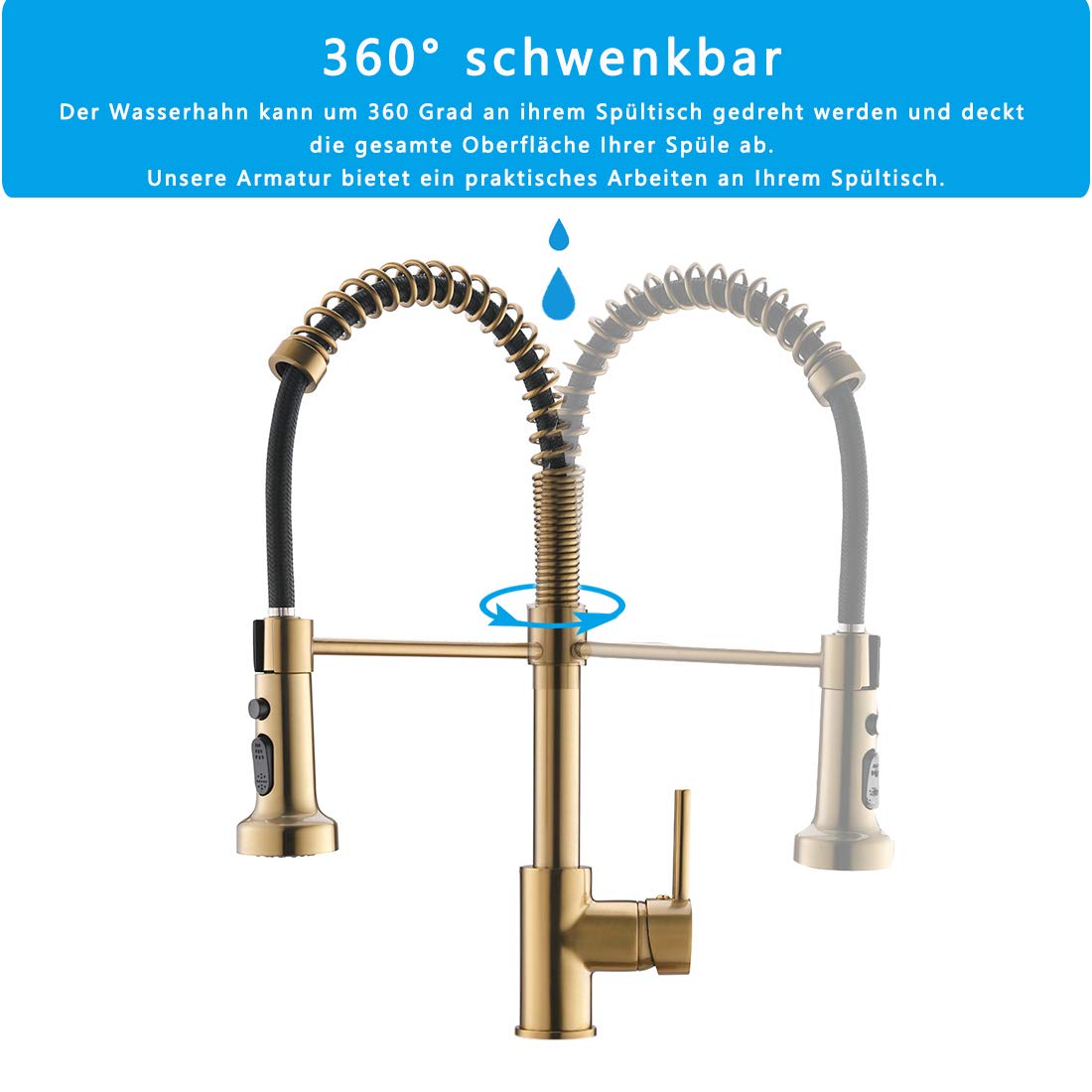 TIMACO Kitchen Faucet Brushed Gold with 360° Swivel, Pull-Down Sprayer Faucet Mixer, Commercial Single Handle Kitchen Faucet in Brushed Gold Finish Kitchen Tap