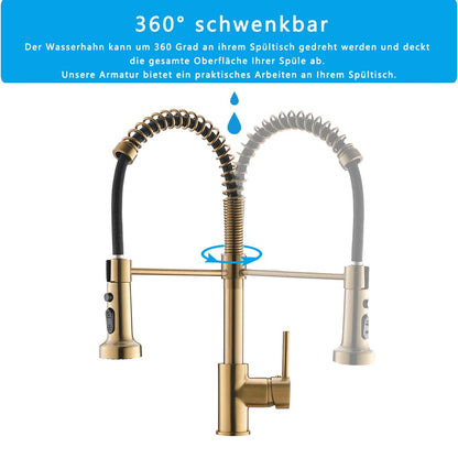 TIMACO Kitchen Faucet Brushed Gold with 360° Swivel, Pull-Down Sprayer Faucet Mixer, Commercial Single Handle Kitchen Faucet in Brushed Gold Finish Kitchen Tap