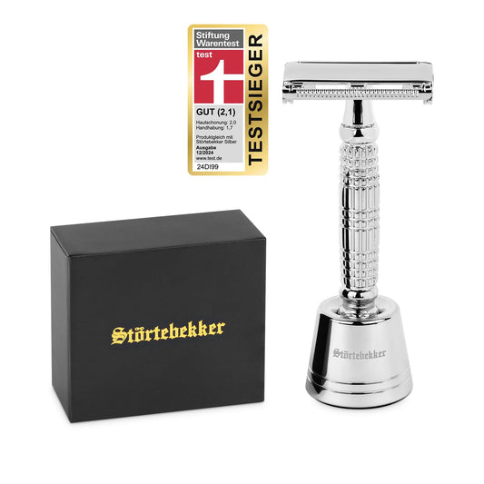 Störtebekker® Premium Safety Razor 'Hamburg' in set with razor stand 'Hamburg' - Silver - high-quality accessory for your bathroom - non-slip base - sturdy stand - 125g - gift idea