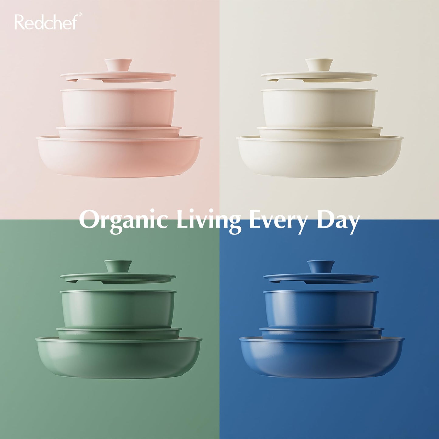 Redchef Ceramic Pan Set with Detachable Handle, RV Cookware Set for Camping, Ceramic Non-Toxic Pot and Pan Set, PTFE-free PFAS-free PFOA-free, Space-Saving Dishwasher Safe.
