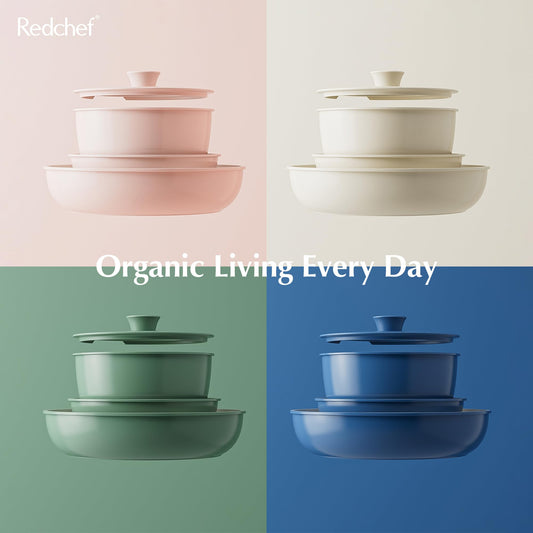 Redchef Ceramic Pan Set with Detachable Handle, RV Cookware Set for Camping, Ceramic Non-Toxic Pot and Pan Set, PTFE-free PFAS-free PFOA-free, Space-Saving Dishwasher Safe.