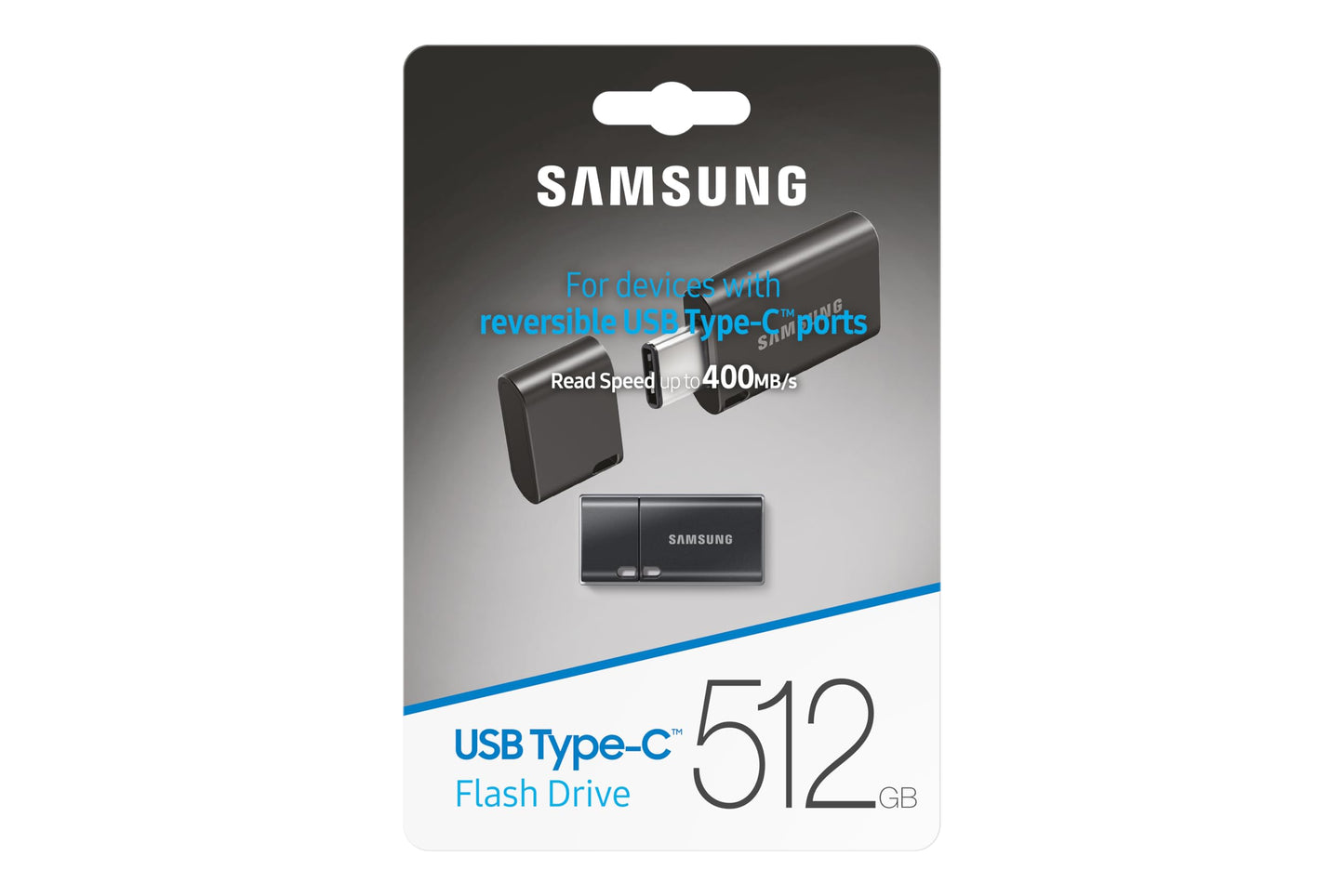 Samsung USB-C flash drive, 512GB capacity, with read speeds up to 400MB/s and write speeds up to 110MB/s. Compatible with notebooks, tablets, and smartphones. Color: Titan Gray. Model: MUF-512DA4/APC.