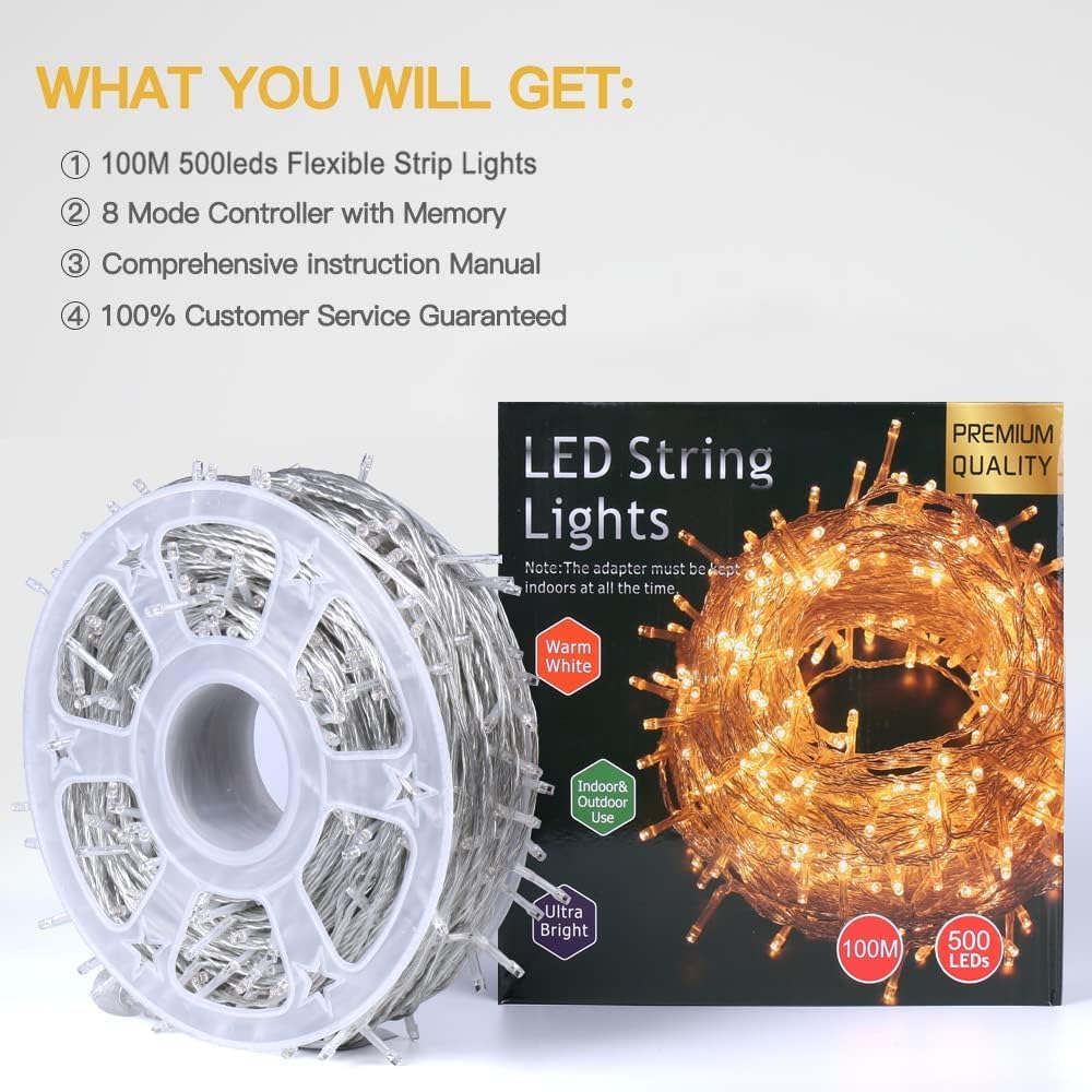 Avoalre 500 LED outdoor string lights 100M, IP44 waterproof warm white string lights, 8 modes with memory function outdoor Christmas lights for Christmas garden party birthday
