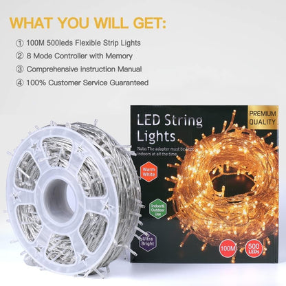 Avoalre 500 LED outdoor string lights 100M, IP44 waterproof warm white string lights, 8 modes with memory function outdoor Christmas lights for Christmas garden party birthday