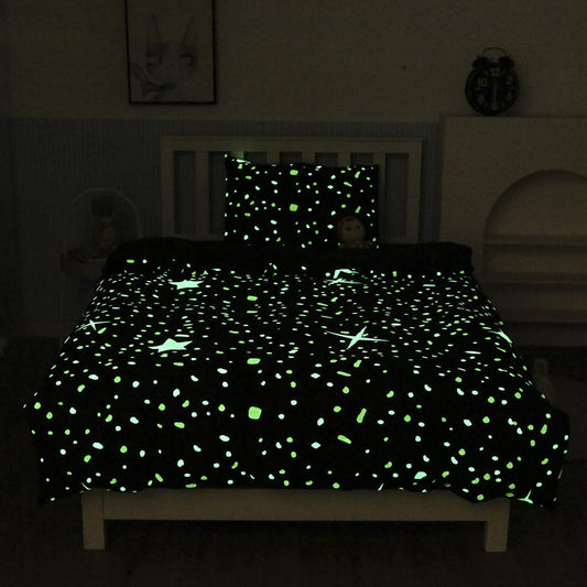 Children Glowing in the Dark Duvet Cover Blue Cartoon Stars Universe Bedding Set for Teenage Boys Girls Toddler Duvet Kids Starry Sky Decor Comforters With Zipper, 155 x 220