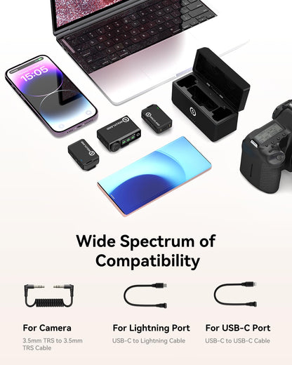 Hollyland Lark MAX wireless lavalier microphone features 48kHz/24-bit audio quality, ENC anti-noise technology, 22-hour battery life, 250m range, 8GB storage. Perfect for DSLR cameras, smartphones, iPhones, and PCs.