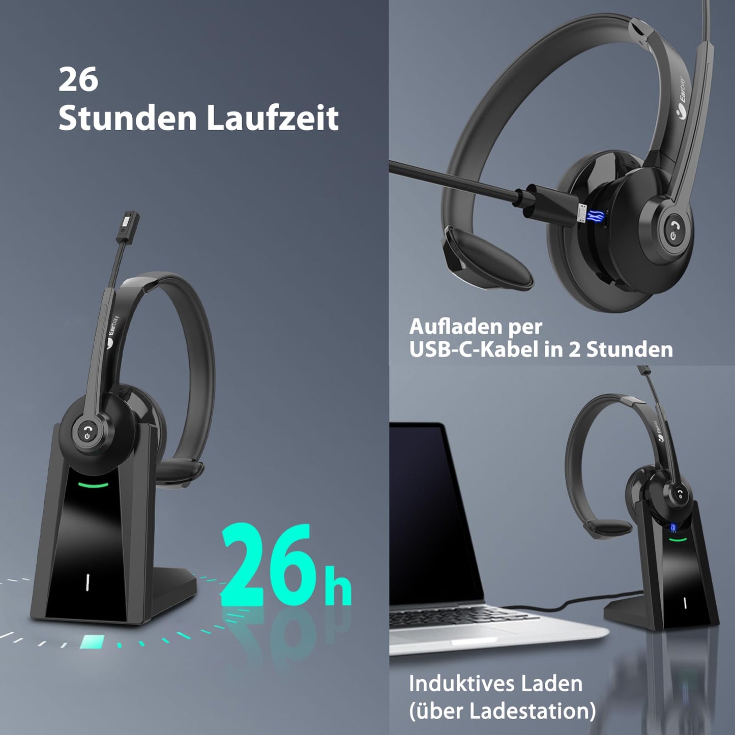 Earbay Wireless Headset with microphone, Bluetooth headset with USB adapter & charging dock, headphones for home office, wireless PC headphone with microphone for phone/Teams/Zoom/office/Skype/computer.