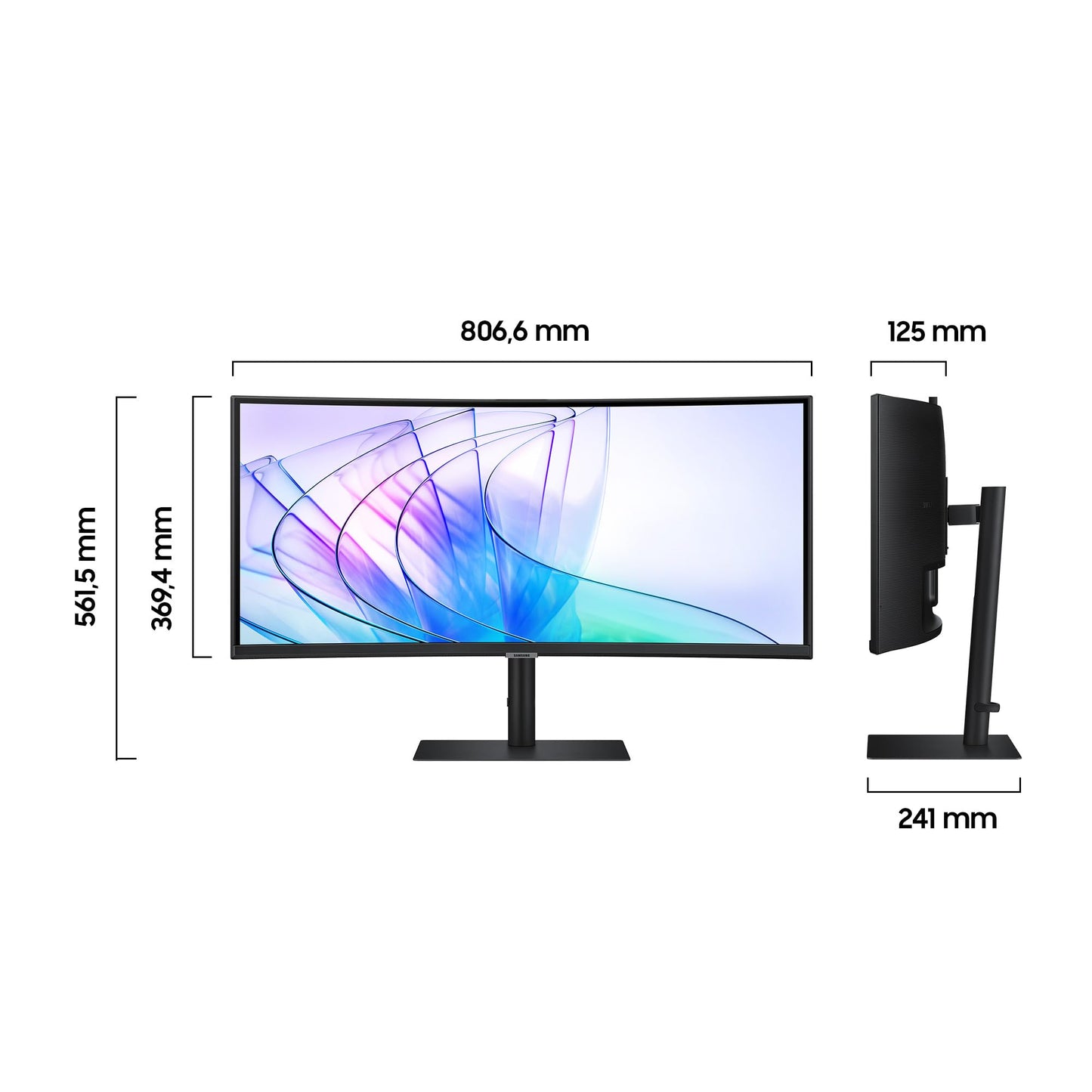 Samsung ViewFinity S65VC Curved Monitor 34-inch with speakers and webcam, VA panel, 3440 x 1440 resolution, 100Hz refresh rate, 5ms response time, 90W charging via USB-C, pivot feature.