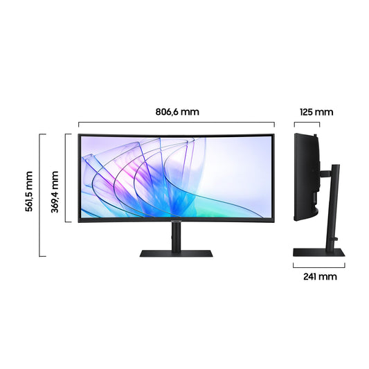 Samsung ViewFinity S65VC Curved Monitor 34-inch with speakers and webcam, VA panel, 3440 x 1440 resolution, 100Hz refresh rate, 5ms response time, 90W charging via USB-C, pivot feature.