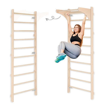 Adult (230 cm) wall bars with pull-up bar, wooden climbing wall, multifunctional fitness equipment, climbing ladder for adults & children, 100% ECO, Made in EU.
