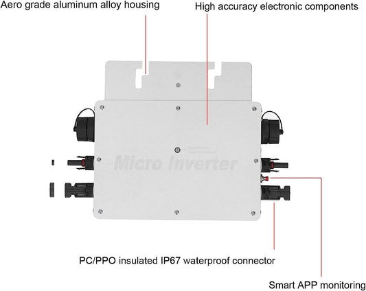 600W inverter balcony power plant, solar waterproof inverter, max PV input power 2 X 375 watts inverter solar with WLAN app for 2 solar panels, MPPT/IP65 waterproof 120-230V AC, silver.