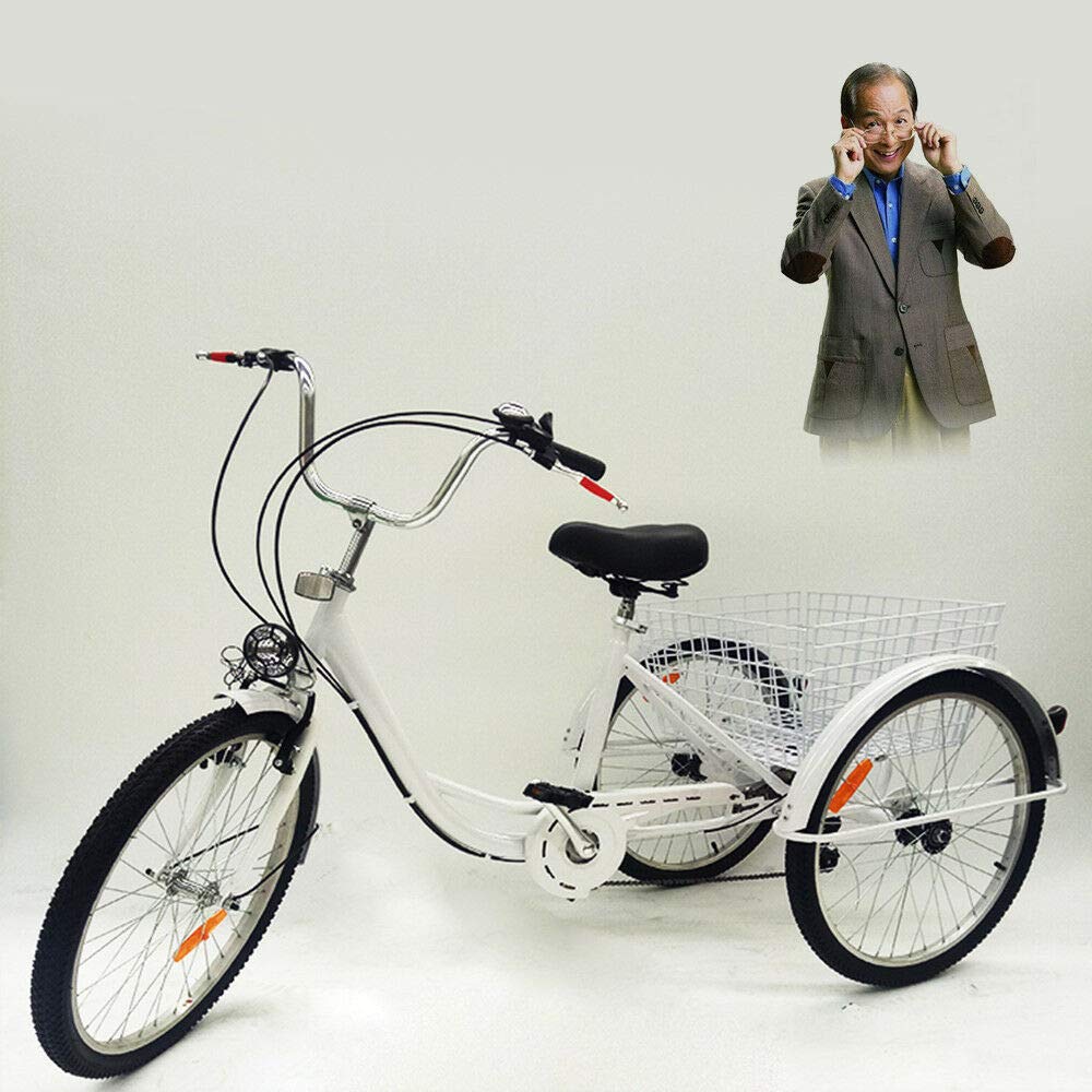 MINUS ONE Adult Tricycle Bicycle with 3 Wheels Senior Bike Cargo Bike 24" 6-Speed with Lights (White with Lights)