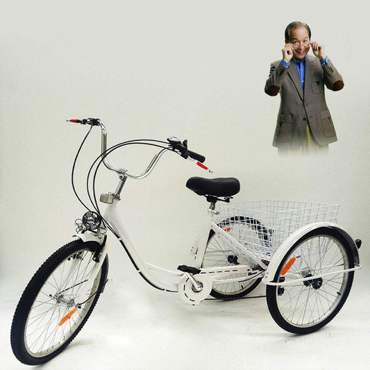 MINUS ONE Adult Tricycle Bicycle with 3 Wheels Senior Bike Cargo Bike 24" 6-Speed with Lights (White with Lights)