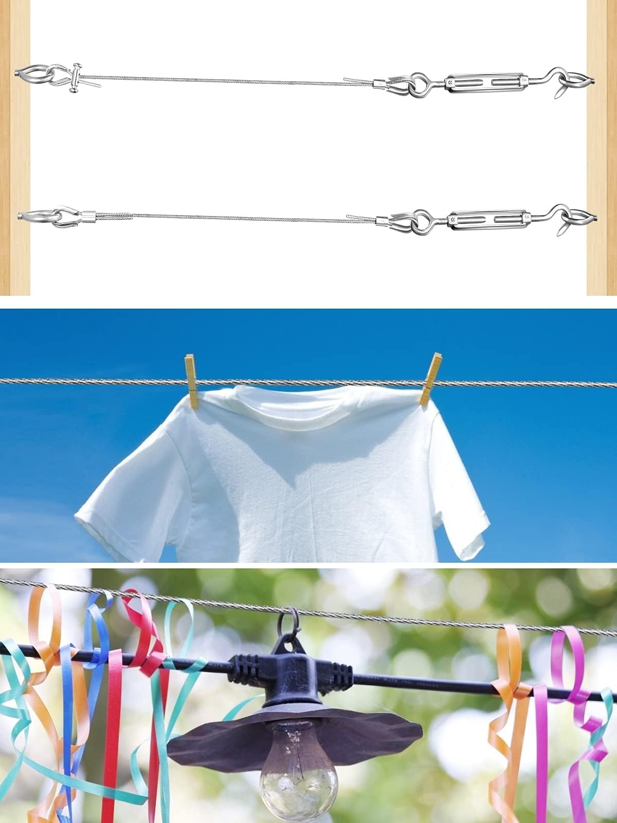 TooTaci 3mm Wire Rope Set for indoor use - 50M PVC coated stainless steel cable with M3 rope end sleeves & carbon steel wire rope clamps - Perfect for hanging, curtain wire, and indoor lighting.