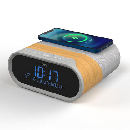 i-box DAB/DAB+ & FM Radio Alarm Clock, wireless fast 10W Qi charging Large digit display Dual alarm with Bluetooth 5.0, 2x5W stereo speakers, DAB Radio, 2X USB charging ports