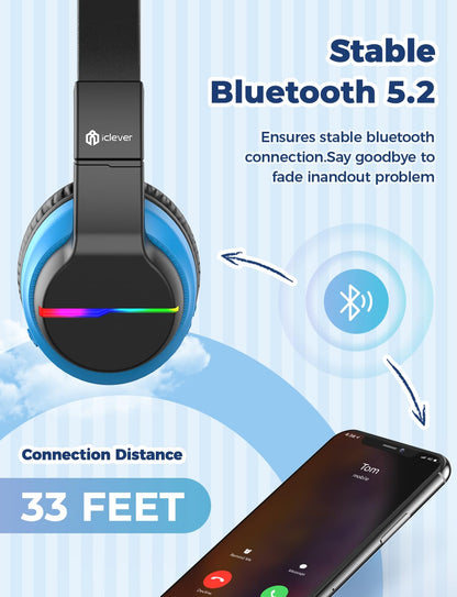 iClever Bluetooth Kids Headphones, Colorful LED Lights, Over-Ear Headphones with 74/85dBA Volume Limiting, 85 Hours Playtime, Bluetooth 5.2, Built-in Microphone BTH12