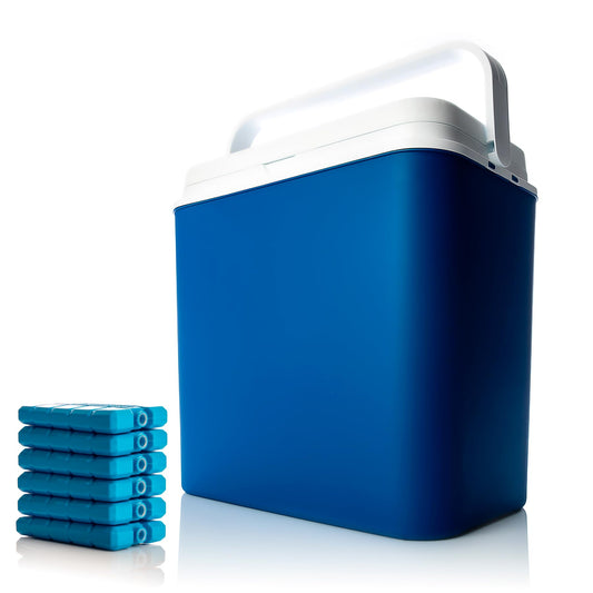Cooler box 24 liters blue/white incl. 6 cooling packs - Up to 14 hrs cooling - Cooler bag for on the go - Outdoor thermobox for picnics & camping - Made in Europe